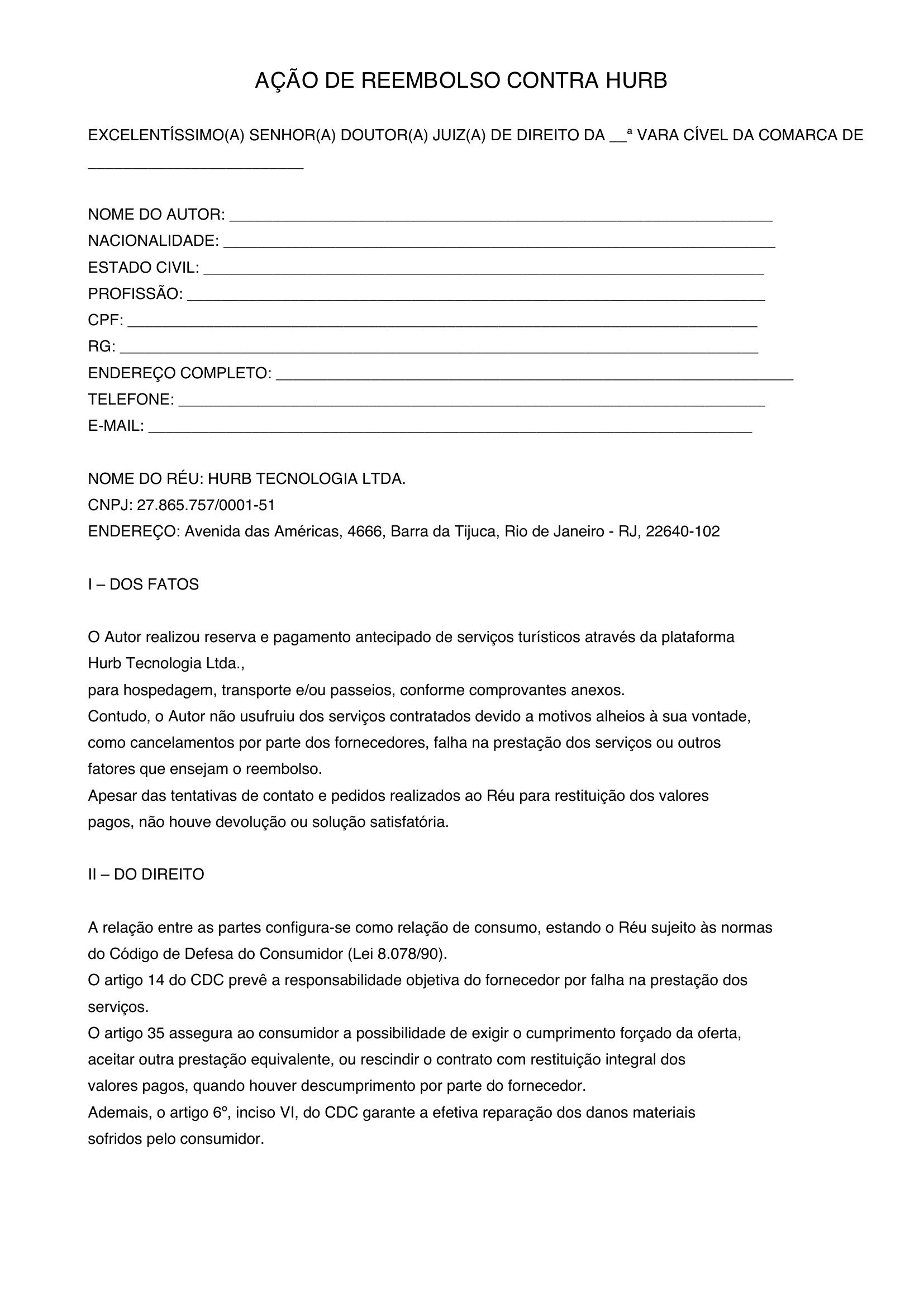 Ação Contra Hurb Reembolso Modelo