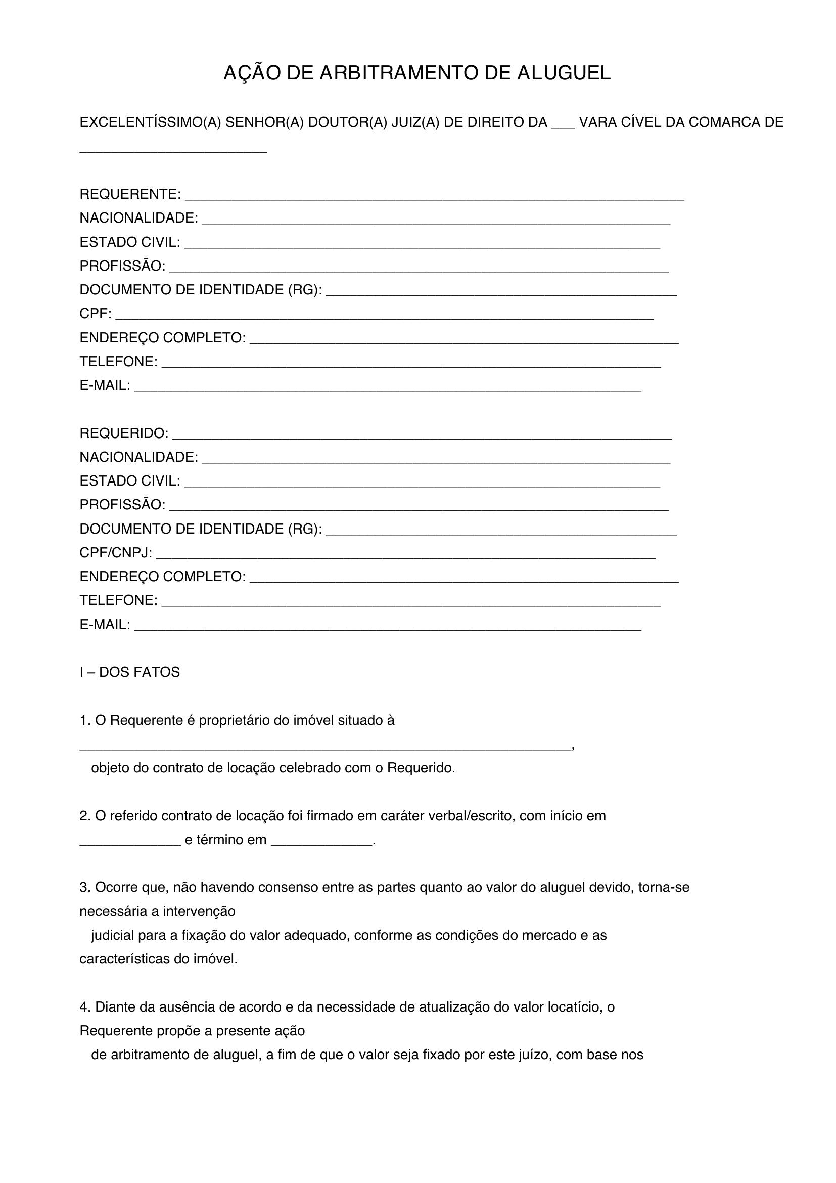 Modelo De Ação De Arbitramento De Aluguel