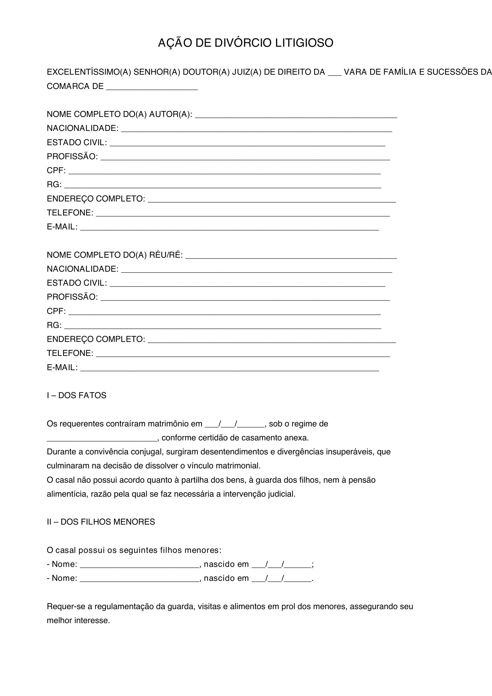 Modelo De Ação De Divorcio Litigioso