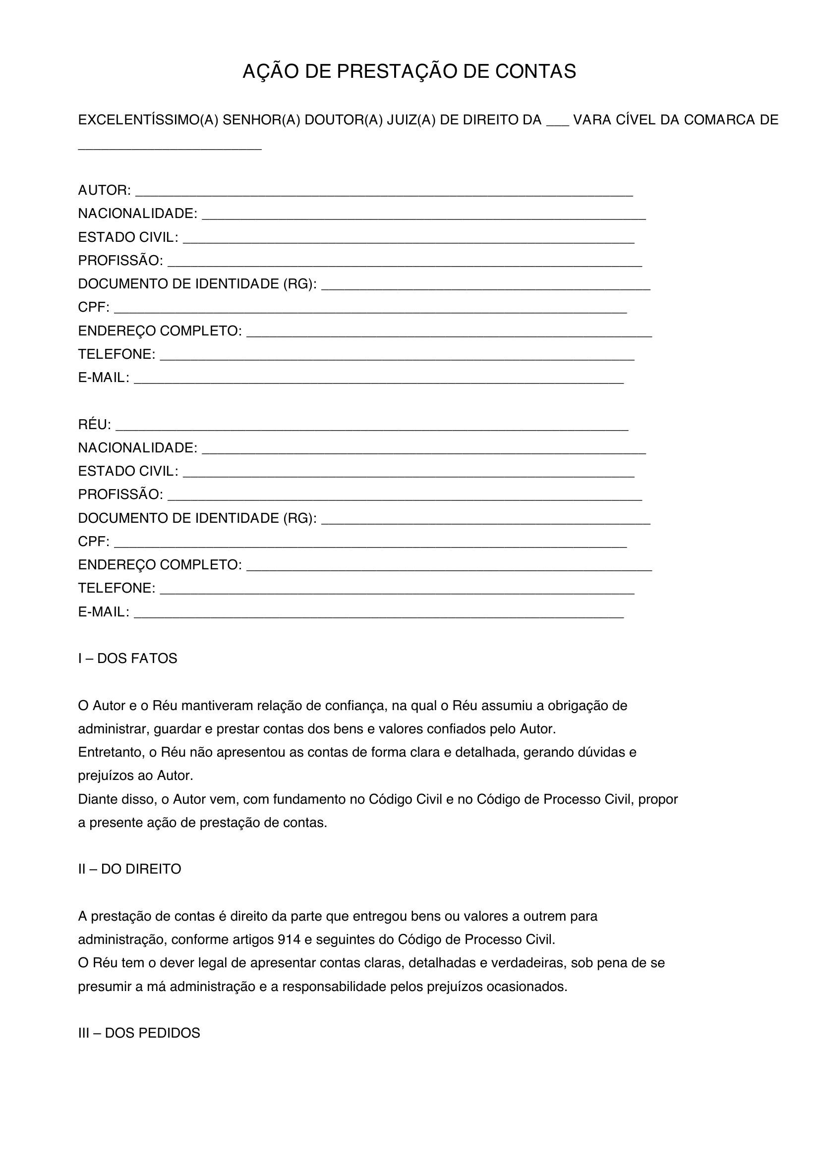 Modelo De Ação De Prestação De Contas