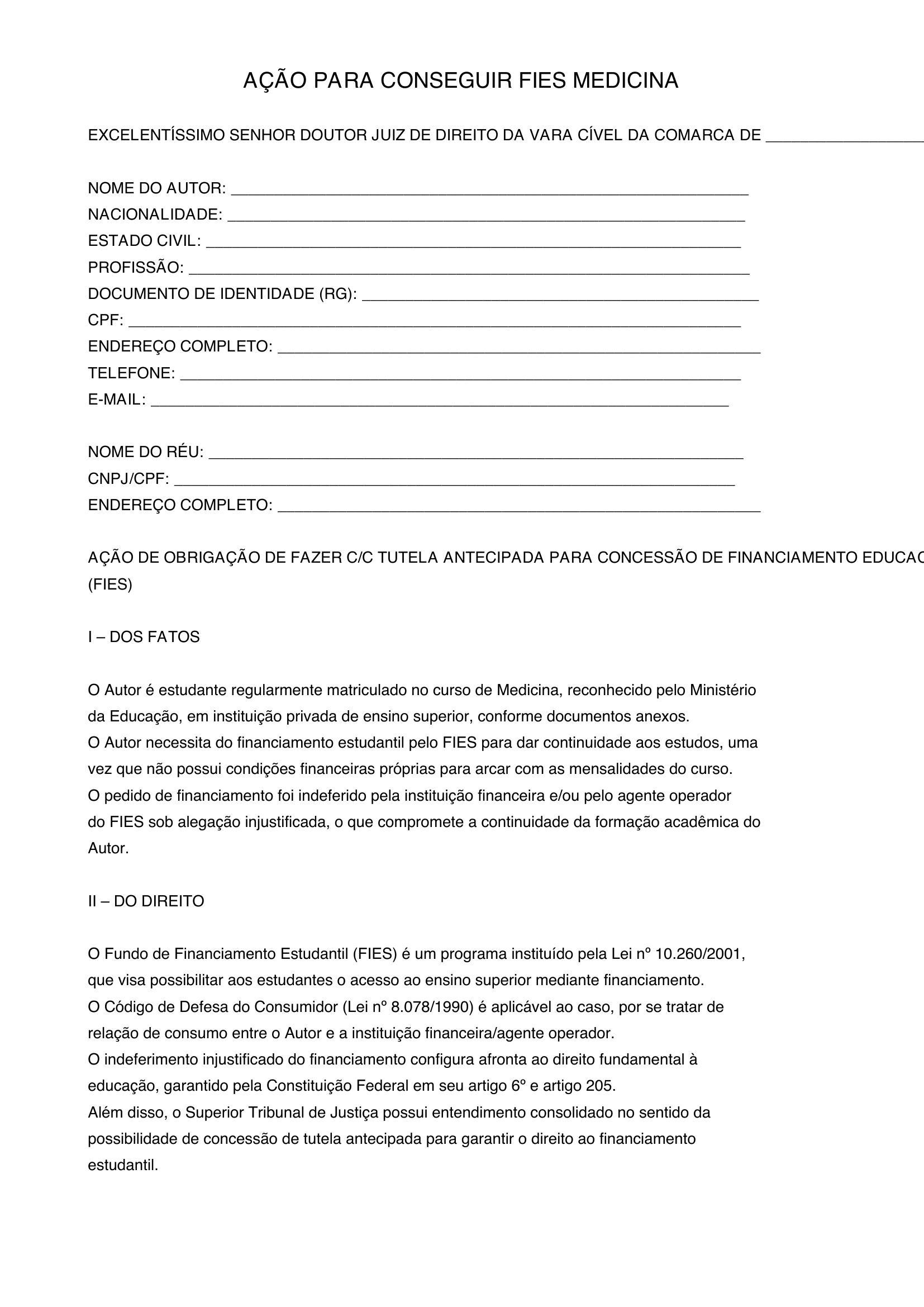 Modelo Ação Para Conseguir Fies Medicina