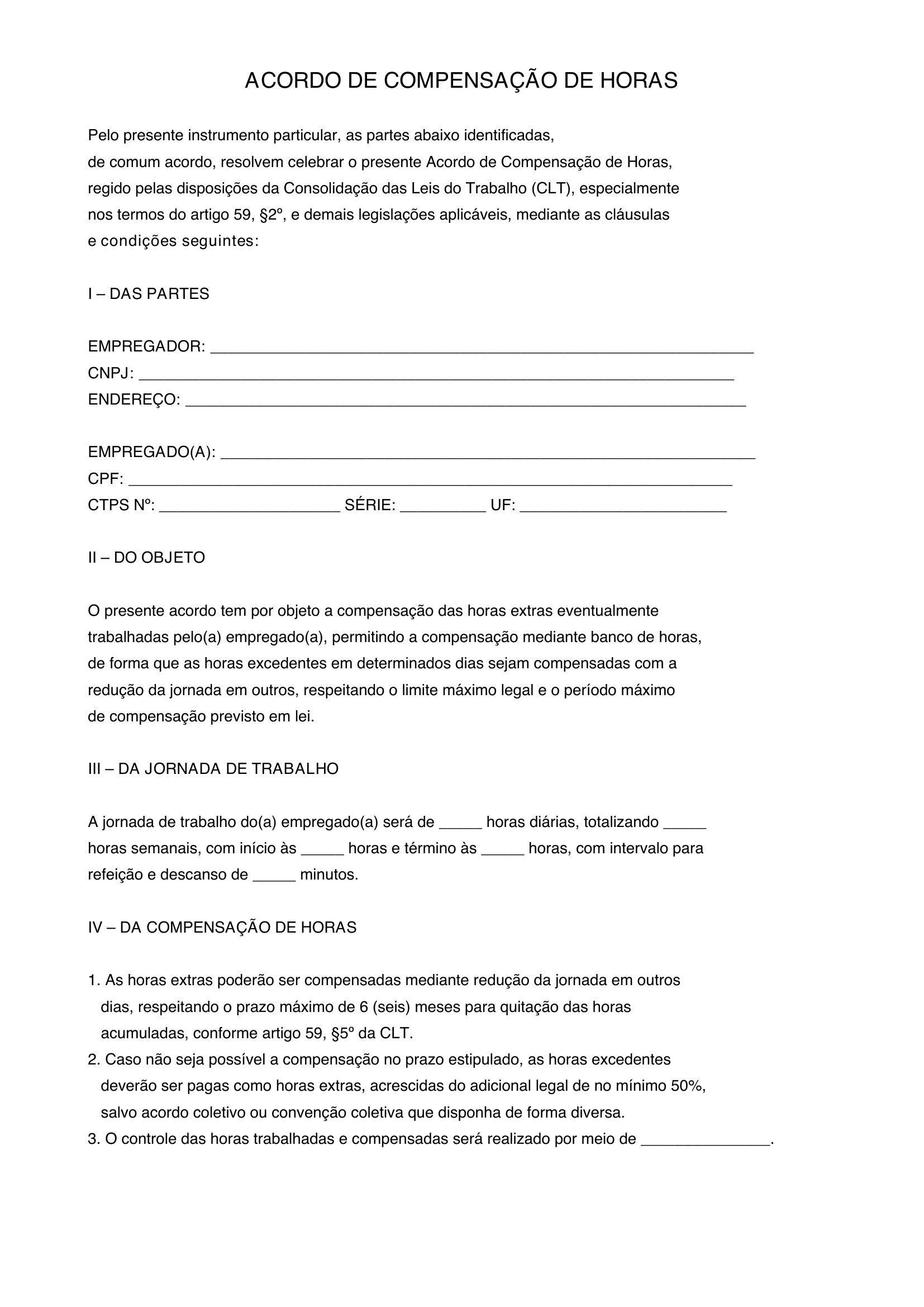Modelo De Acordo De Compensação De Horas