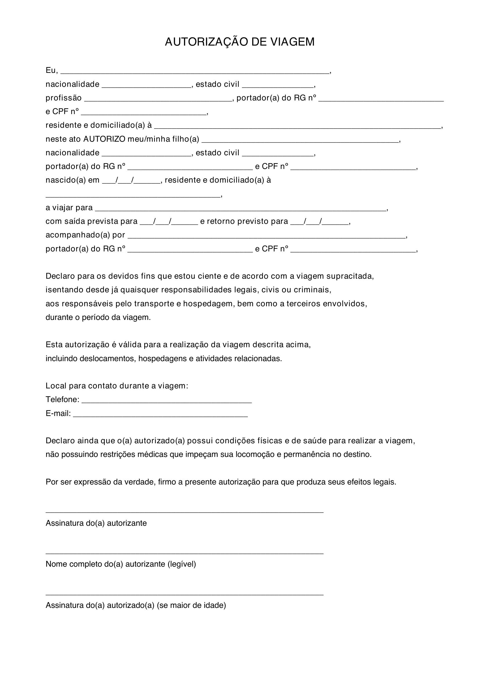 Exemplo De Carta De Autorizacao Para Viagem