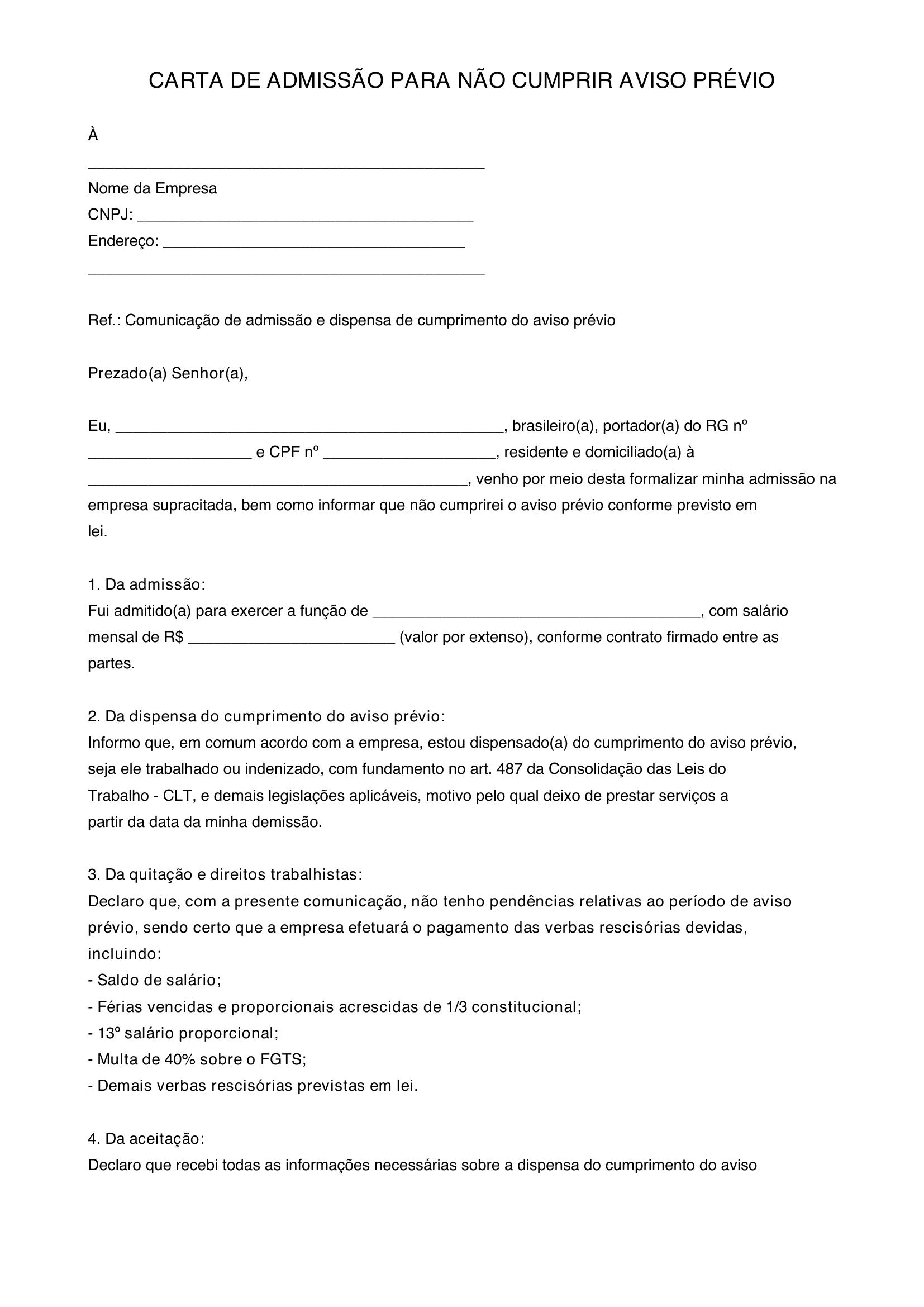 Modelo De Carta De Admissão Para Não Cumprir Aviso