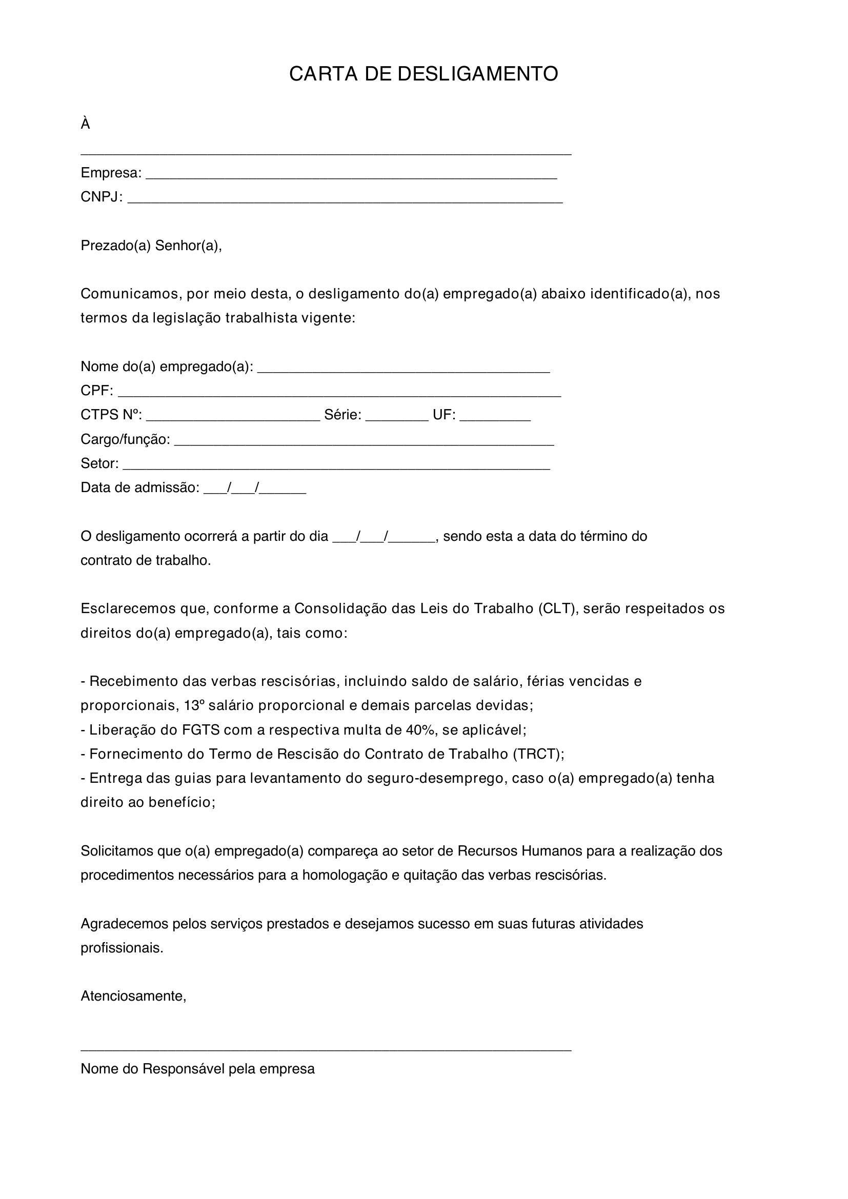 Modelo De Carta De Desligamento