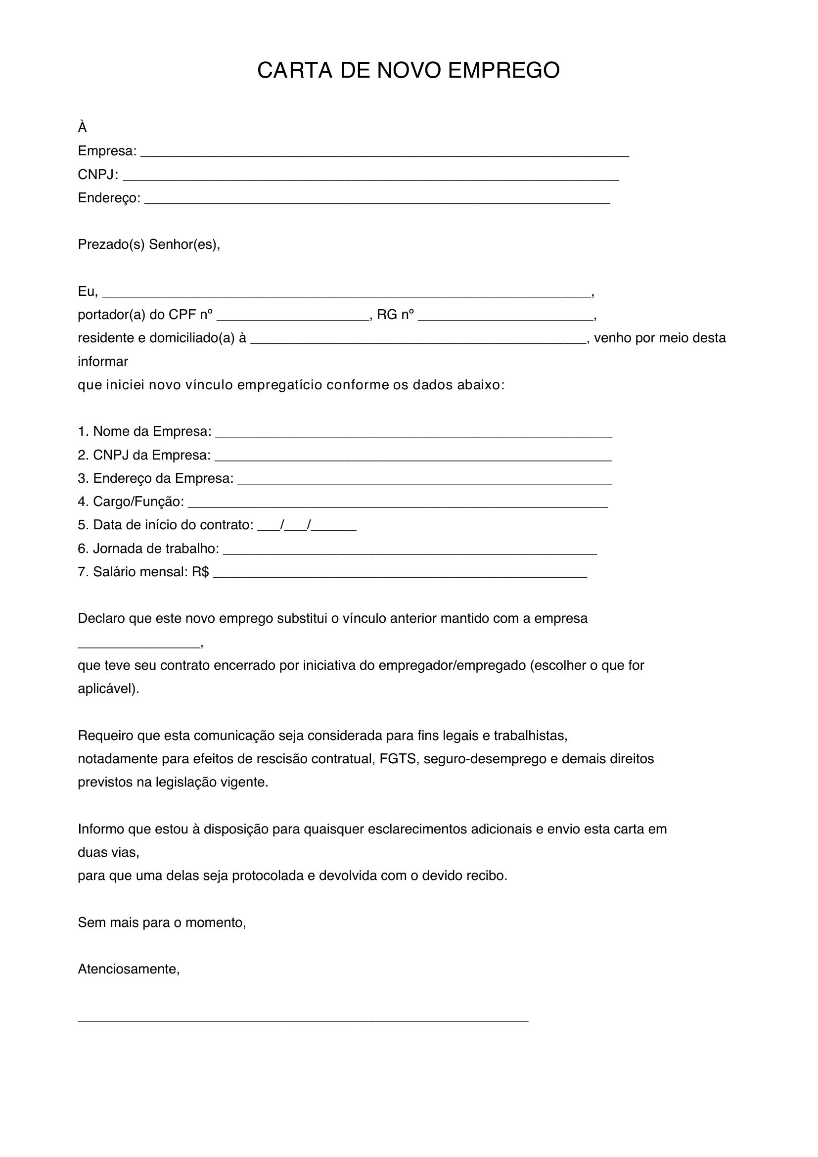 Modelo De Carta De Novo Emprego