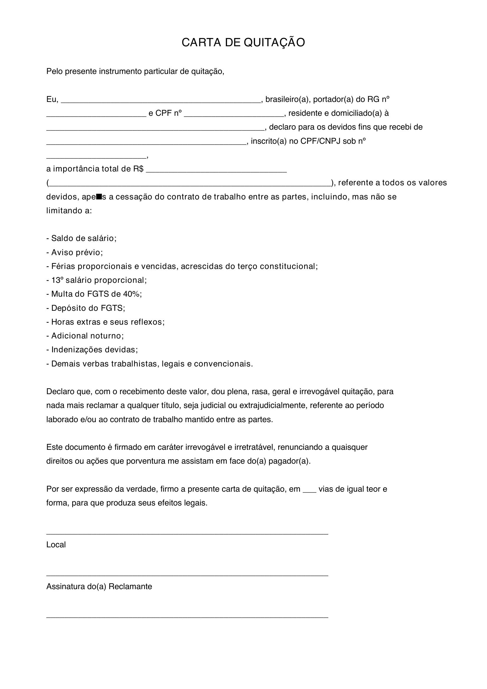 Modelo De Carta De Quitação