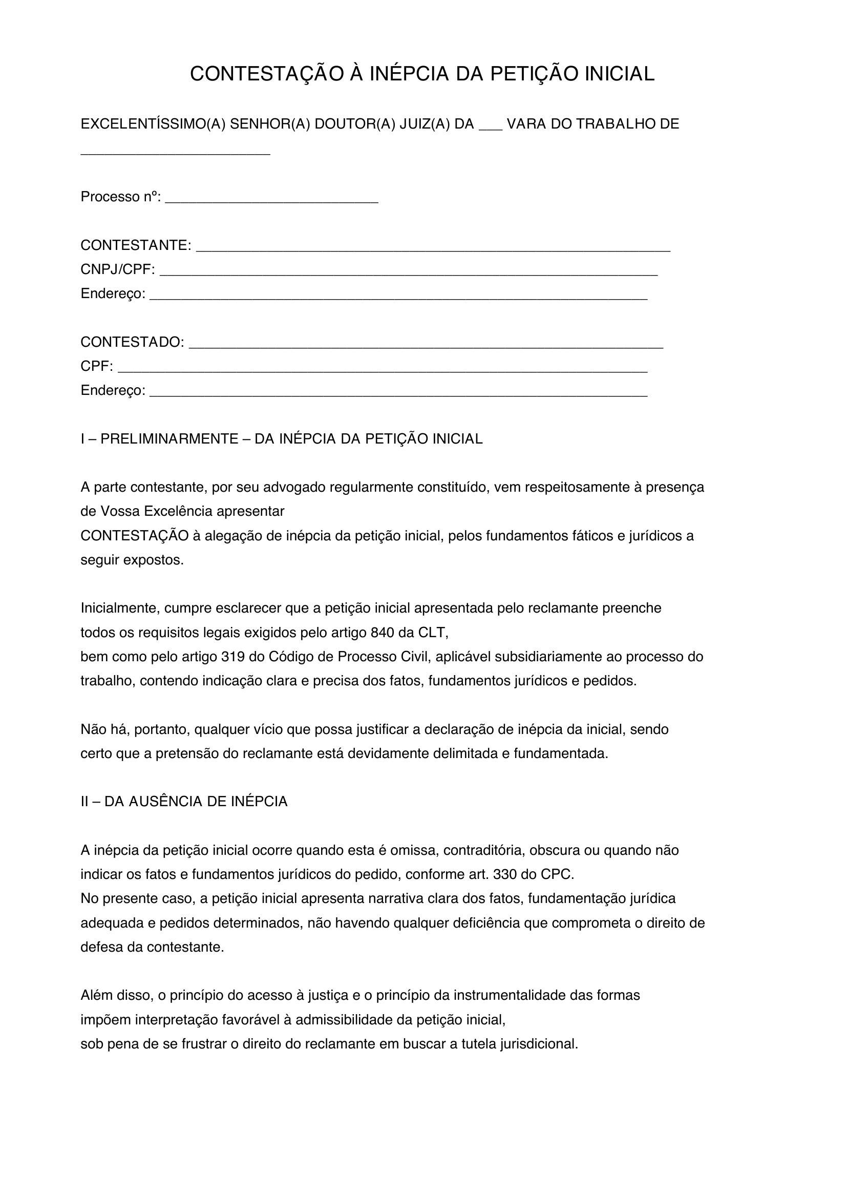 Modelo Contestação Inepcia Da Inicial