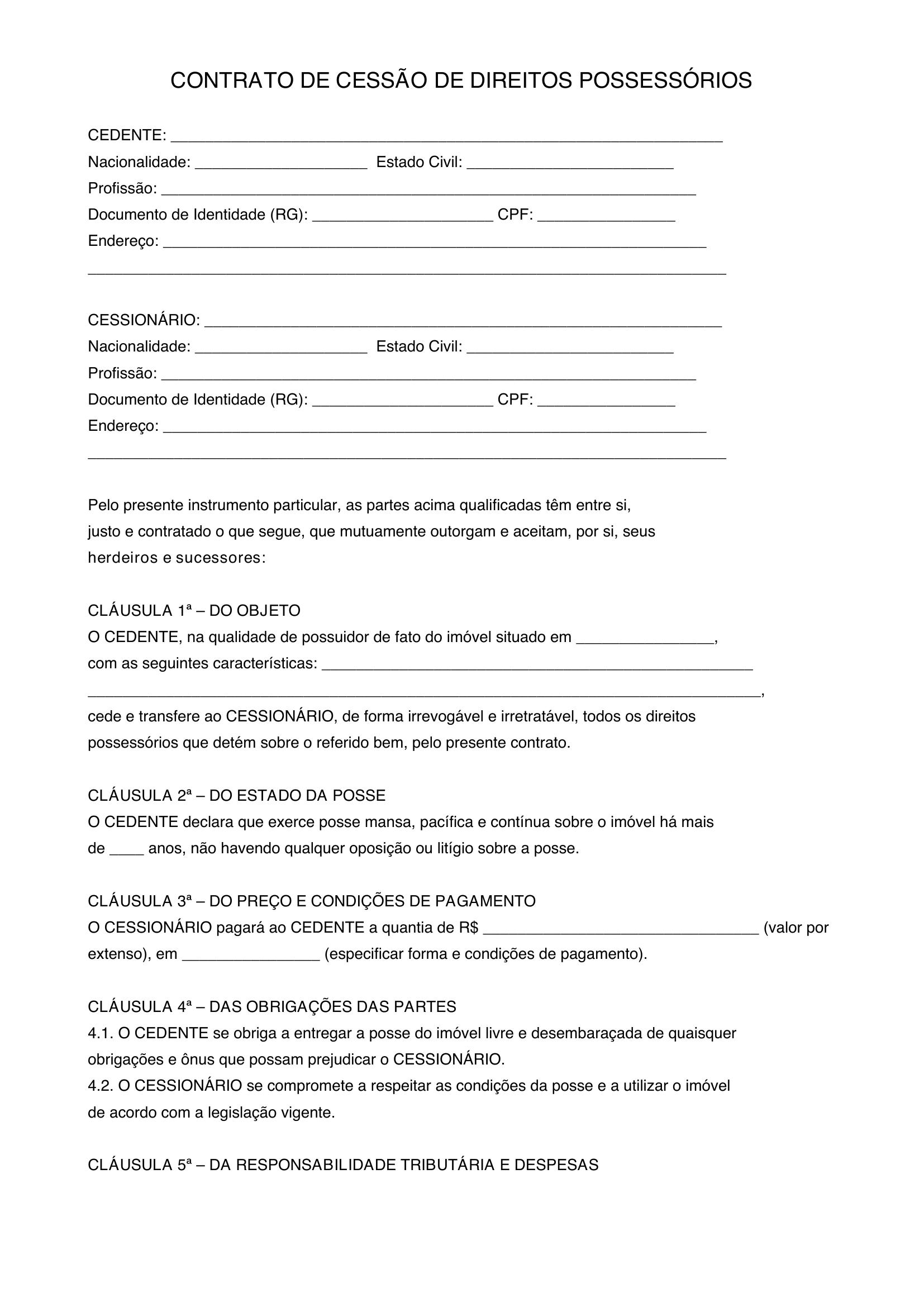Modelo De Contrato De Cessão De Direitos Possessórios