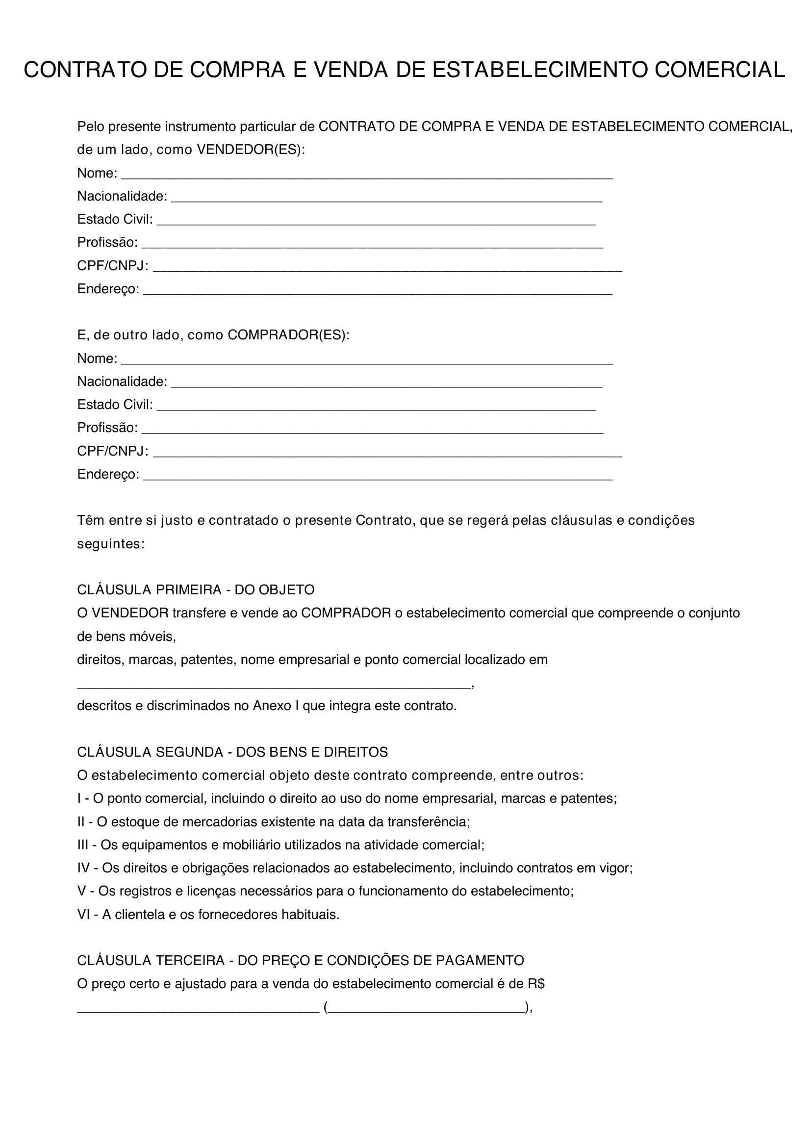 Modelo De Contrato De Compra E Venda De Estabelecimento Comercial