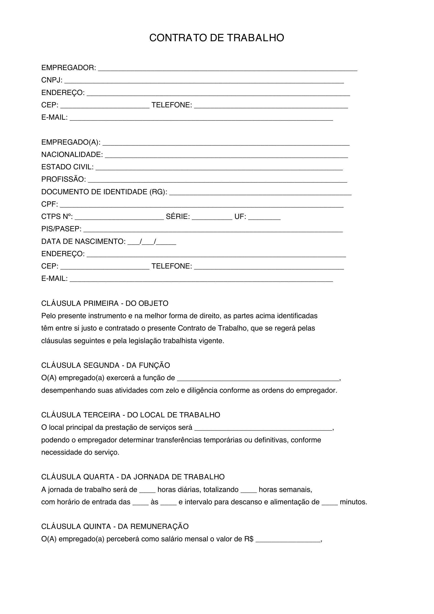 Modelo De Contrato De Trabalho