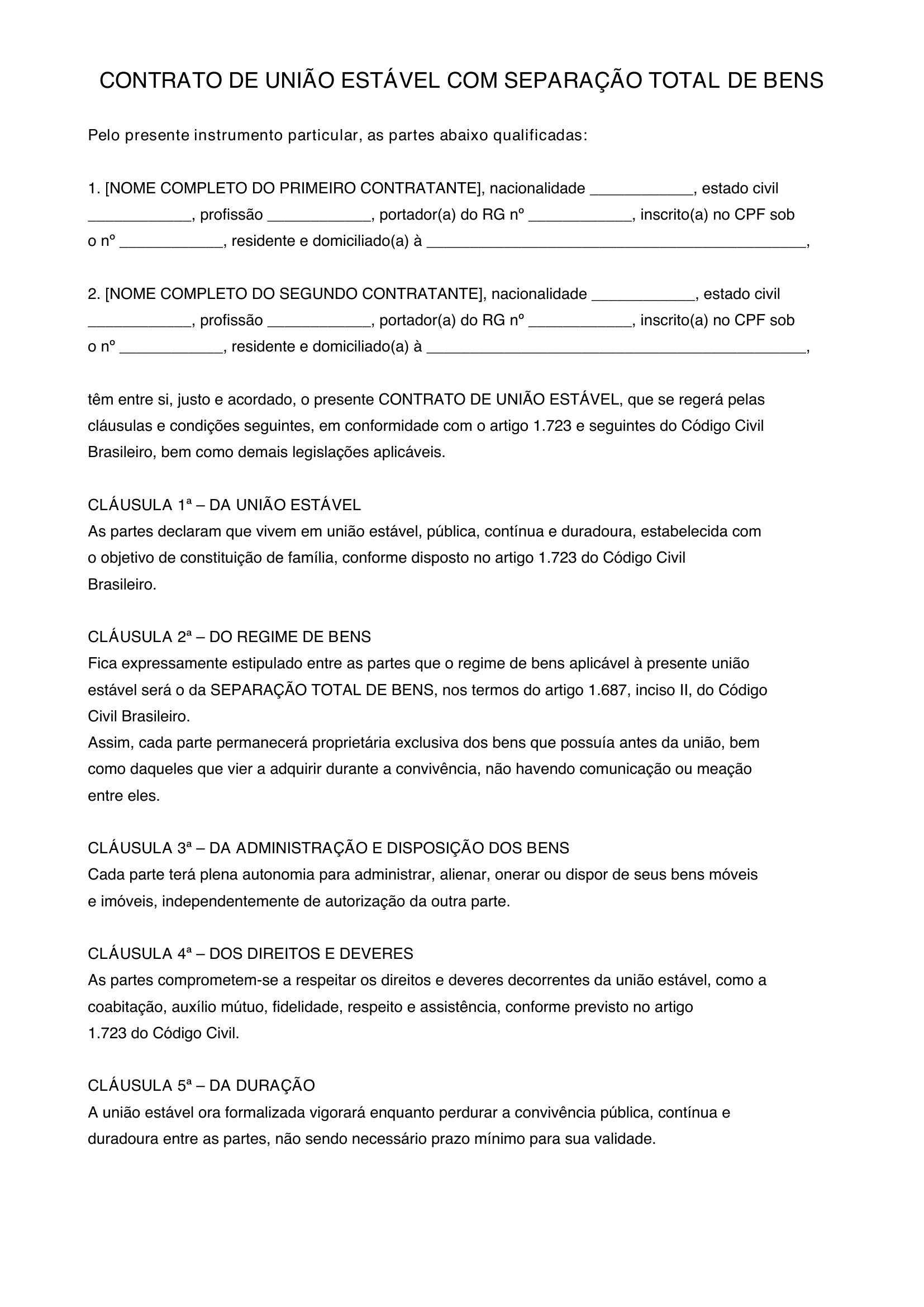 Modelo De Contrato De União Estável Com Separação Total De Bens