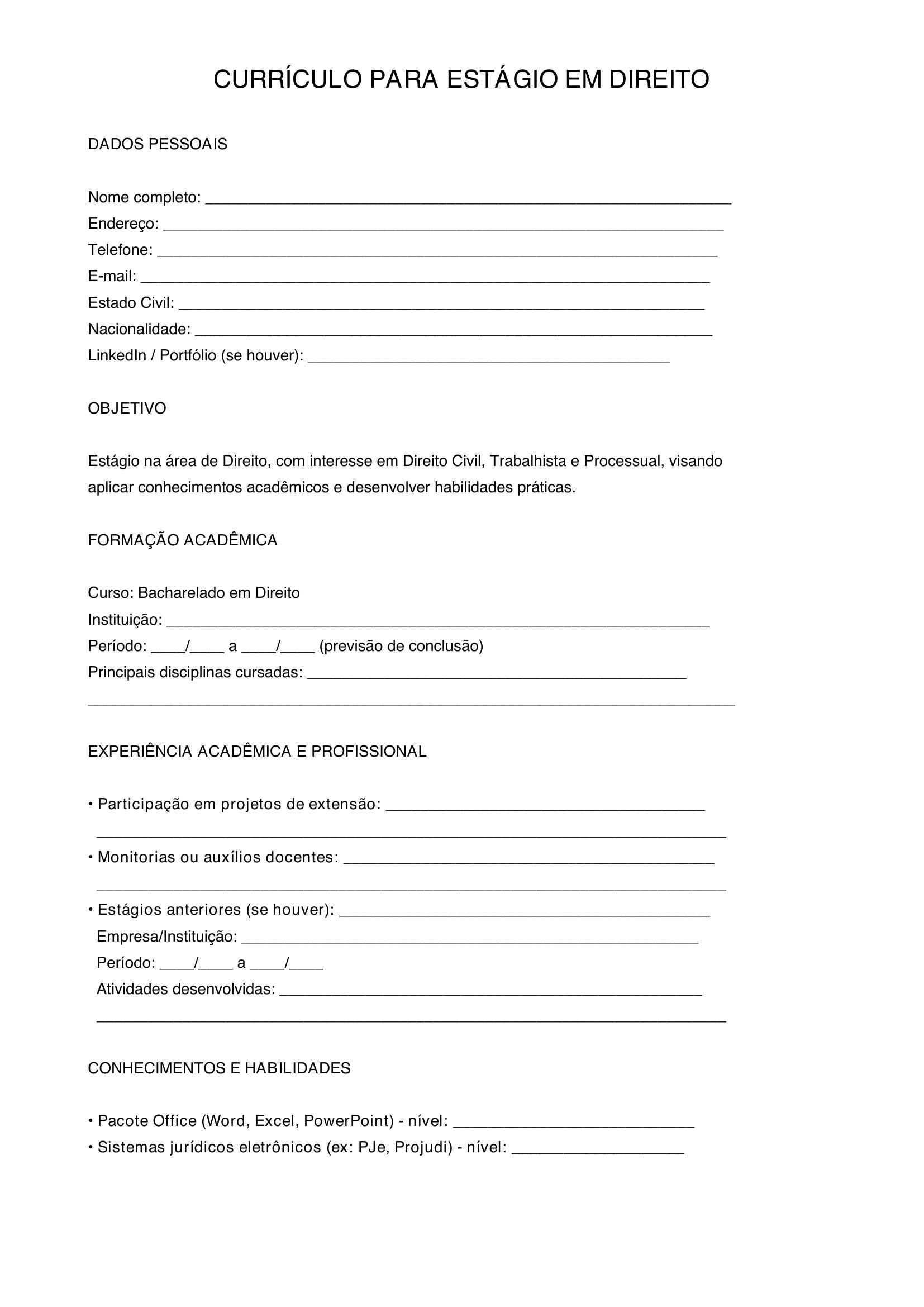 Modelo Curriculo Estagio Direito