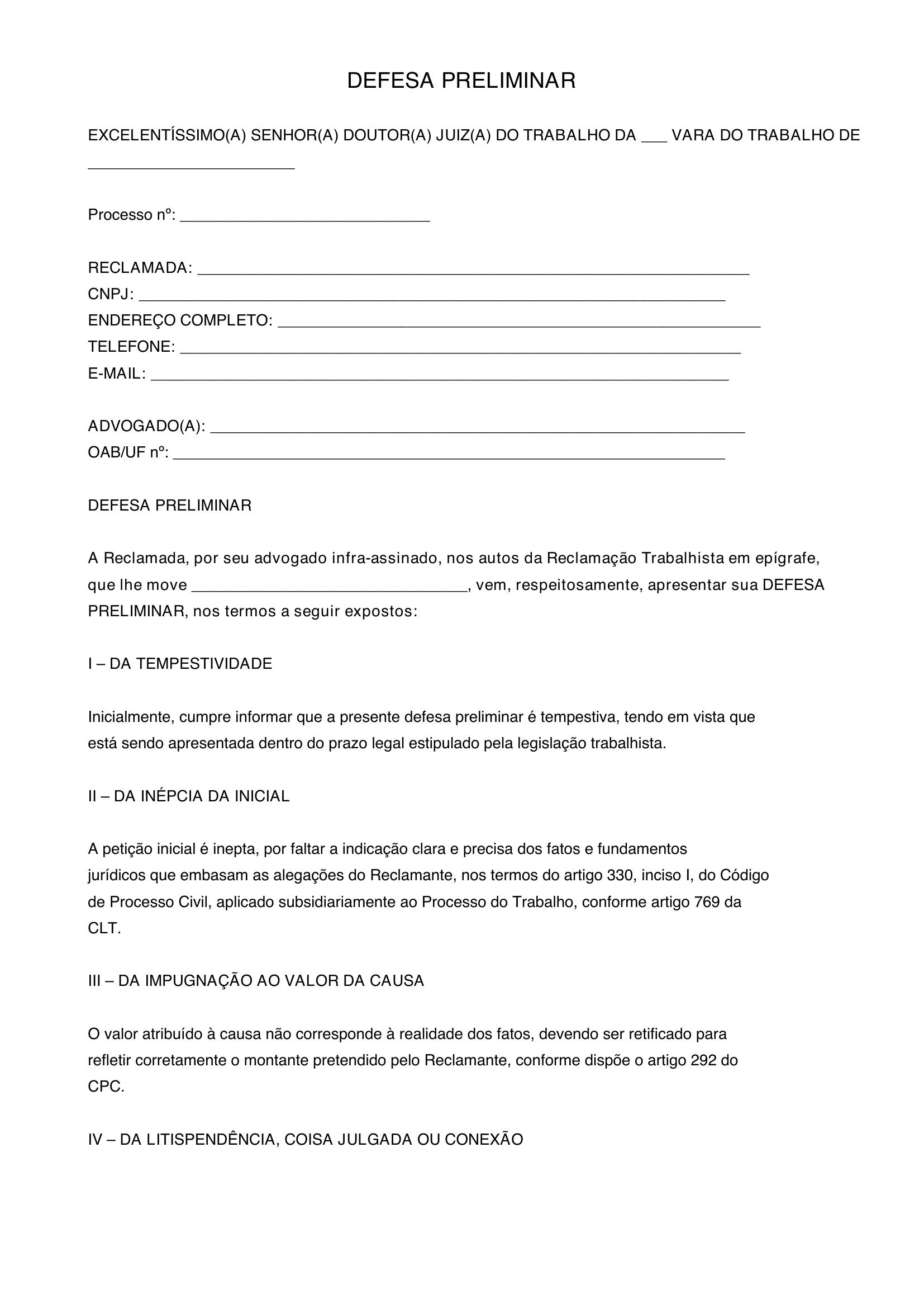 Modelo De Defesa Preliminar
