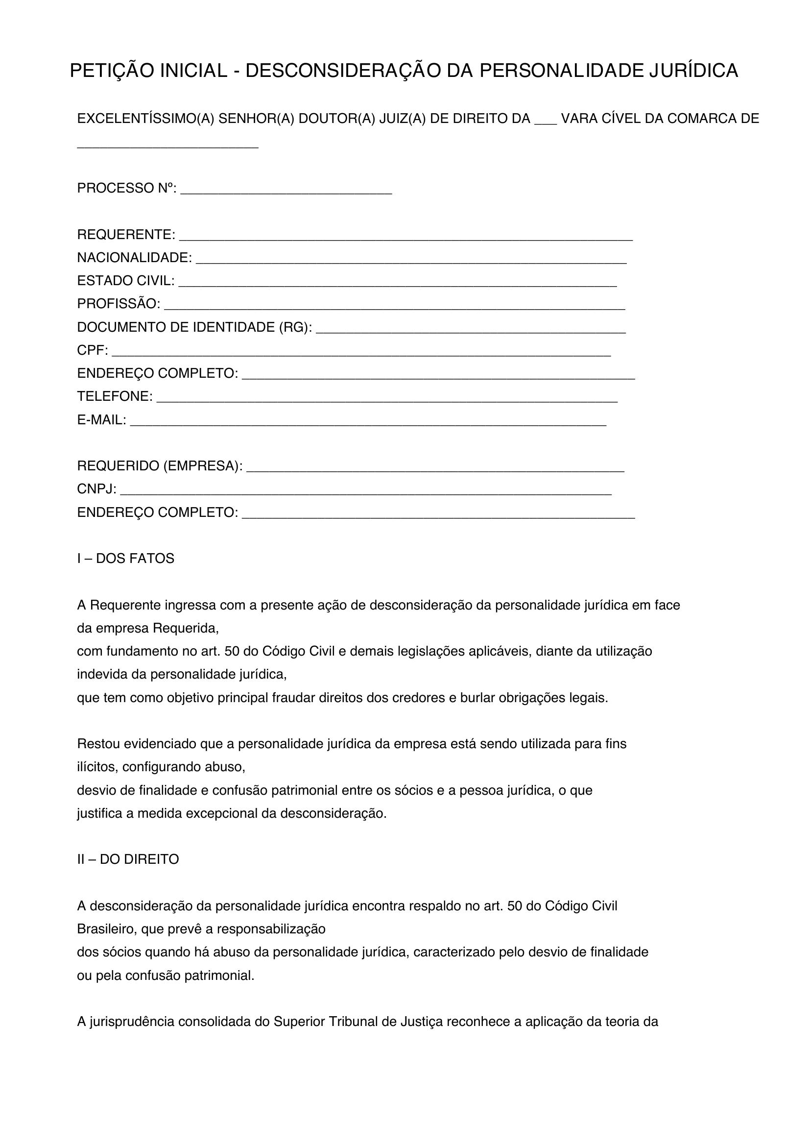 Desconsideração Da Personalidade Jurídica Modelo