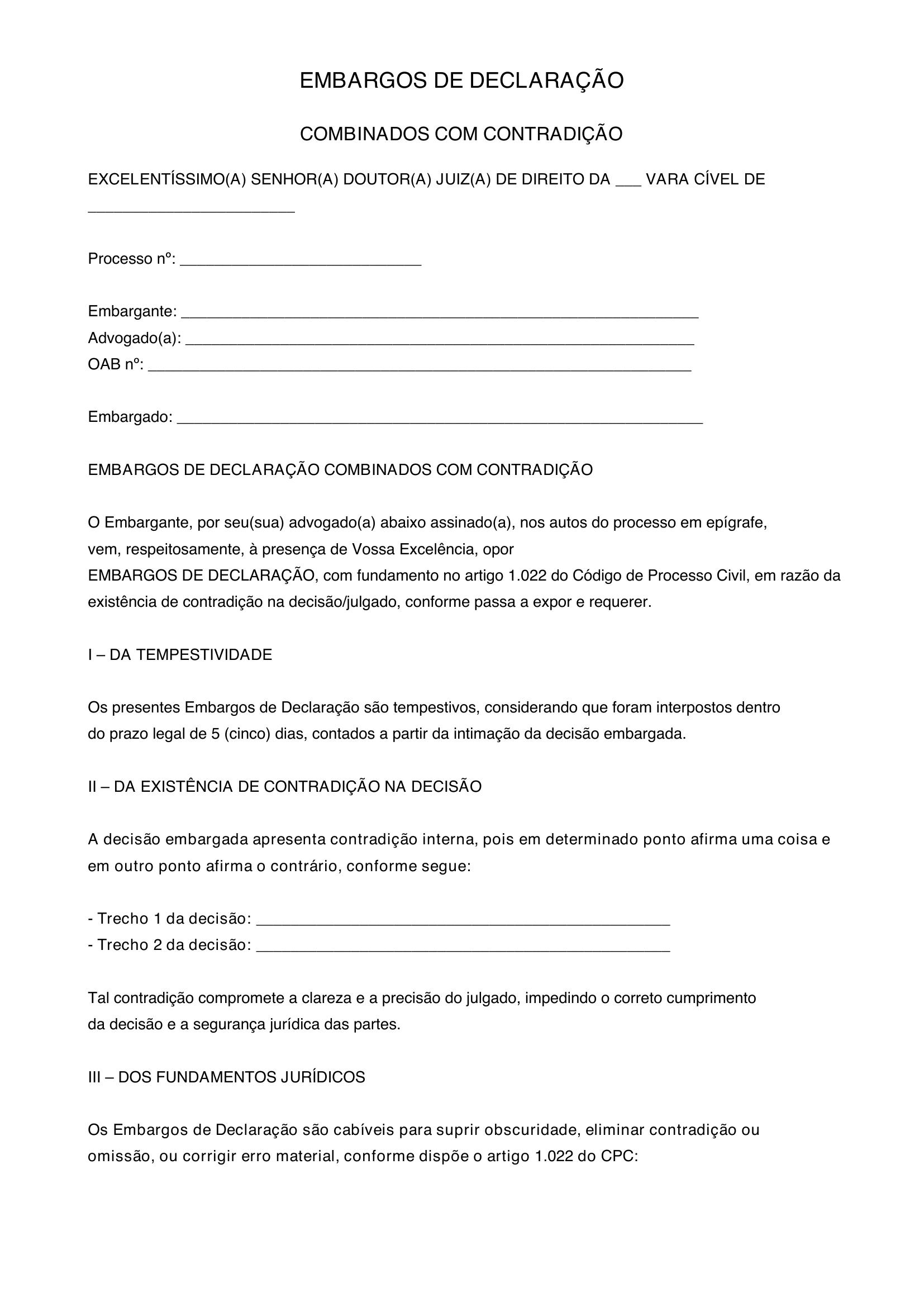 Modelo De Embargos De Declaração Contradição