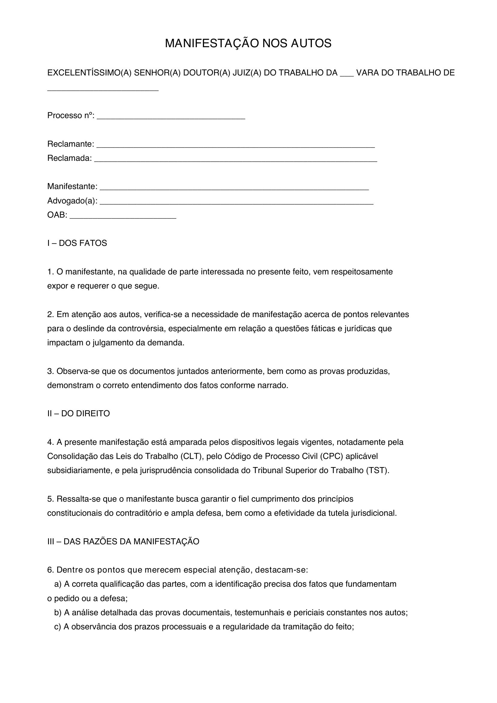 Modelo De Manifestação Nos Autos