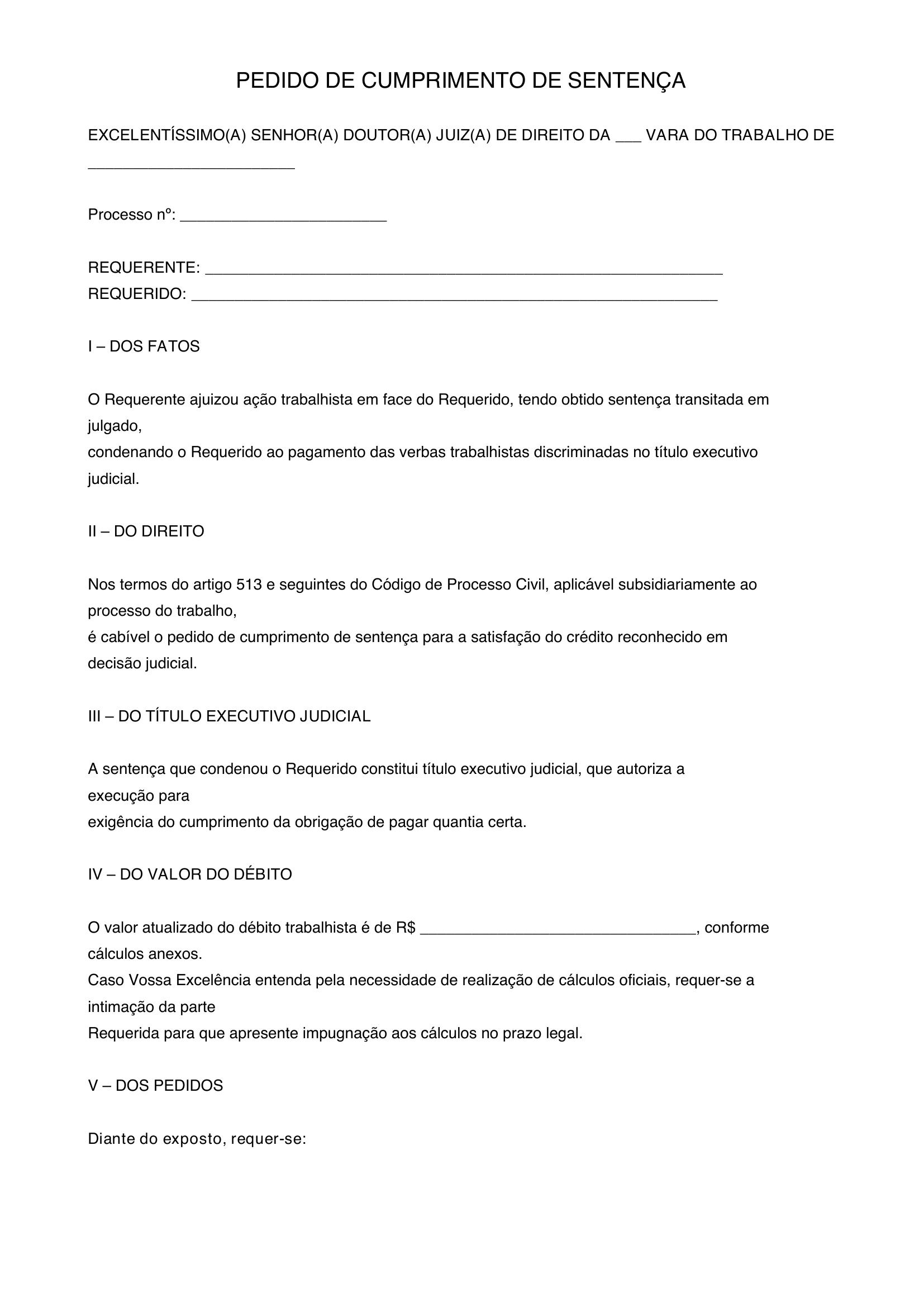 Modelo Pedido De Cumprimento De Sentença