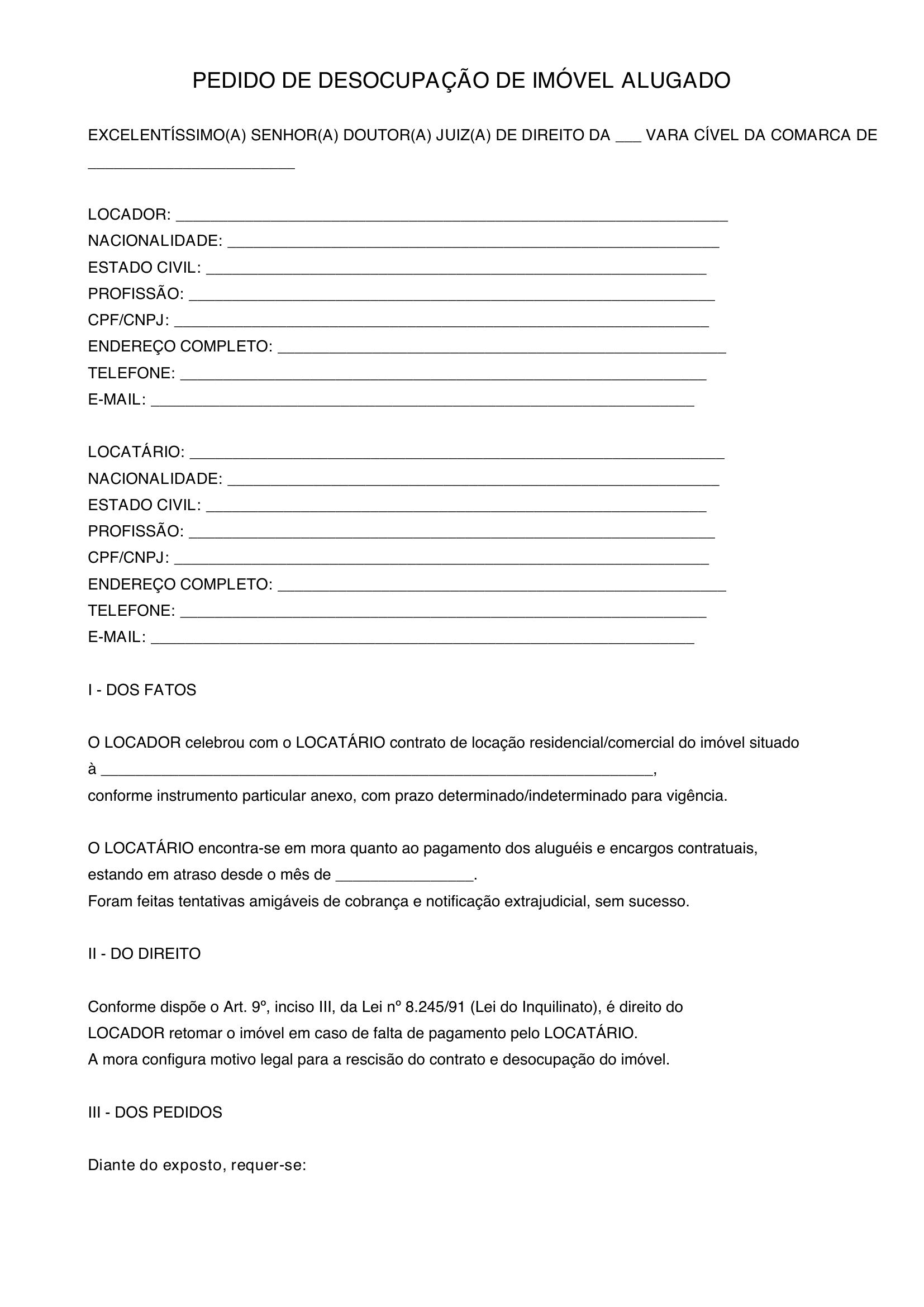 Modelo De Pedido De Desocupação De Imóvel Alugado