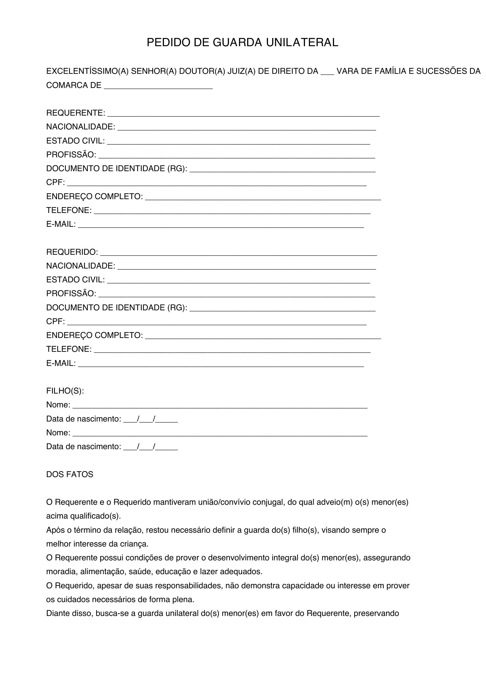 Modelo De Pedido De Guarda Unilateral