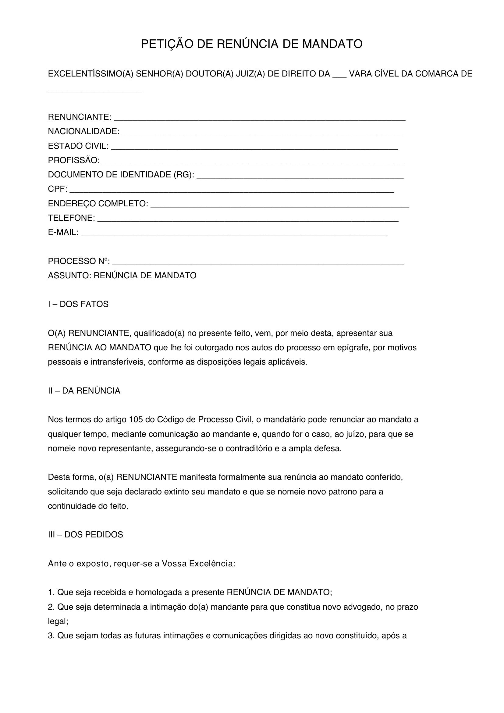 Modelo De Petição De Renuncia De Mandato