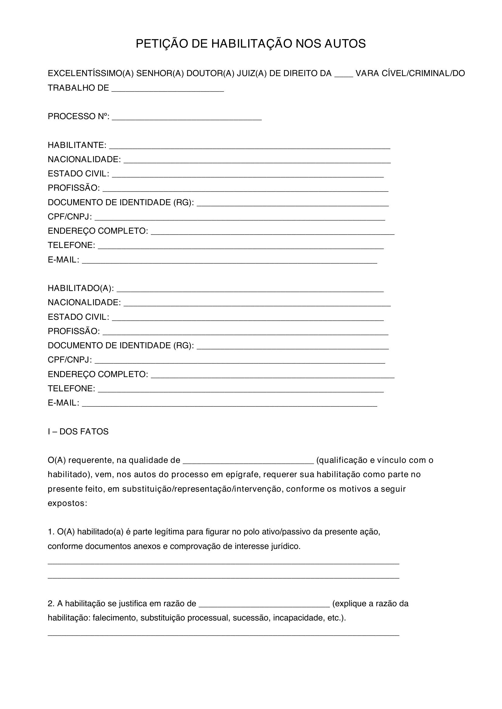 Modelo Petição Habilitação Nos Autos
