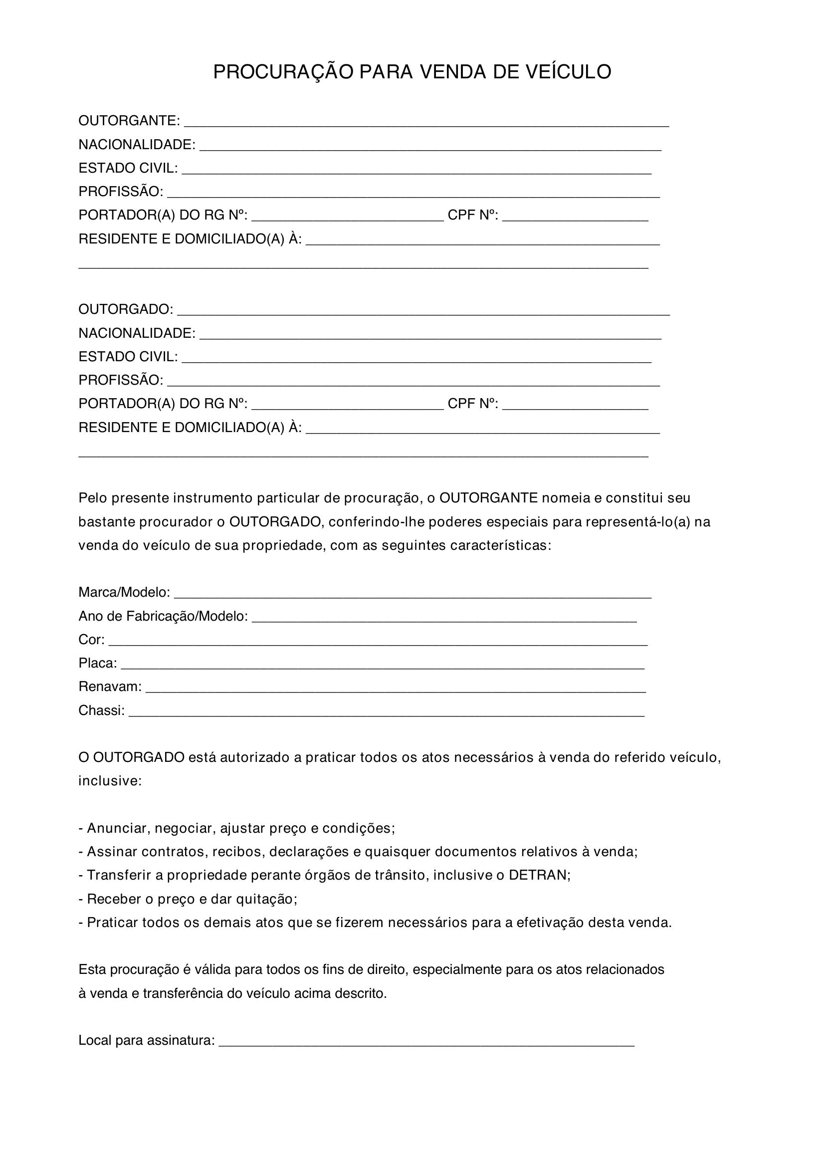 Modelo De Procuração Para Venda De Carro