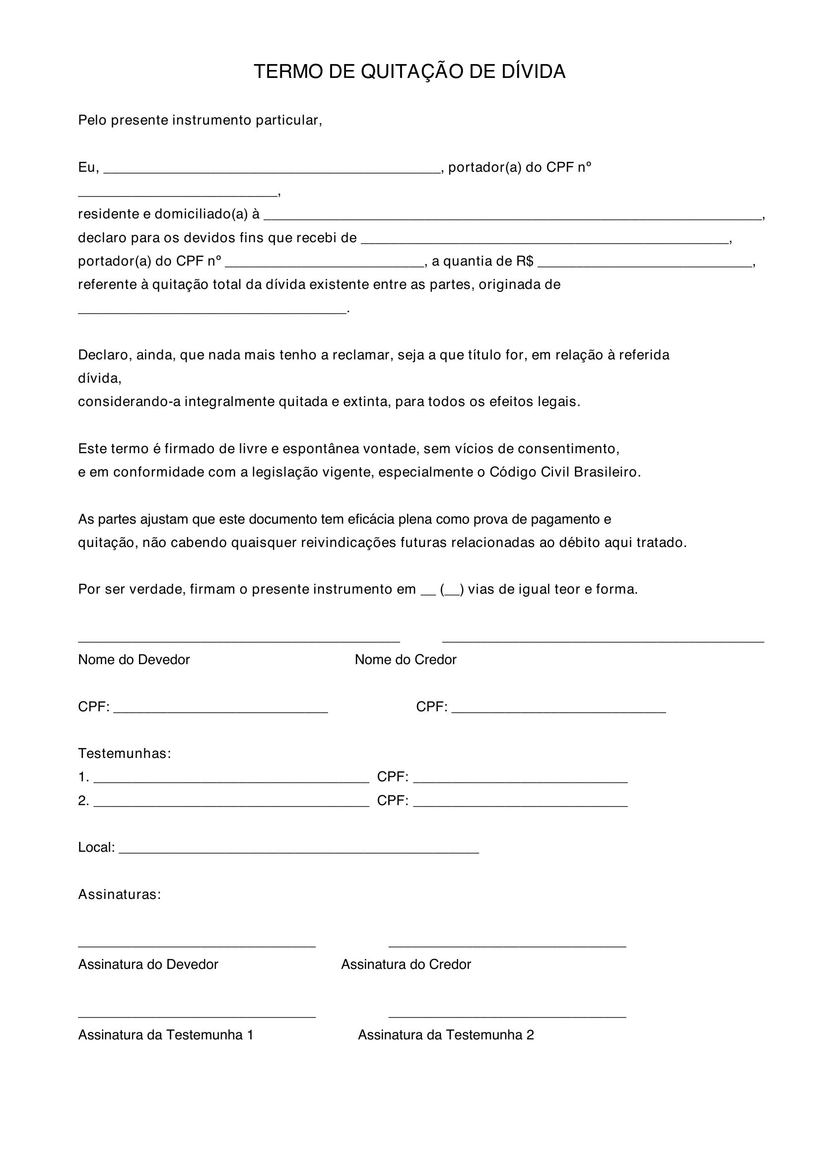 Modelo De Quitação De Divida