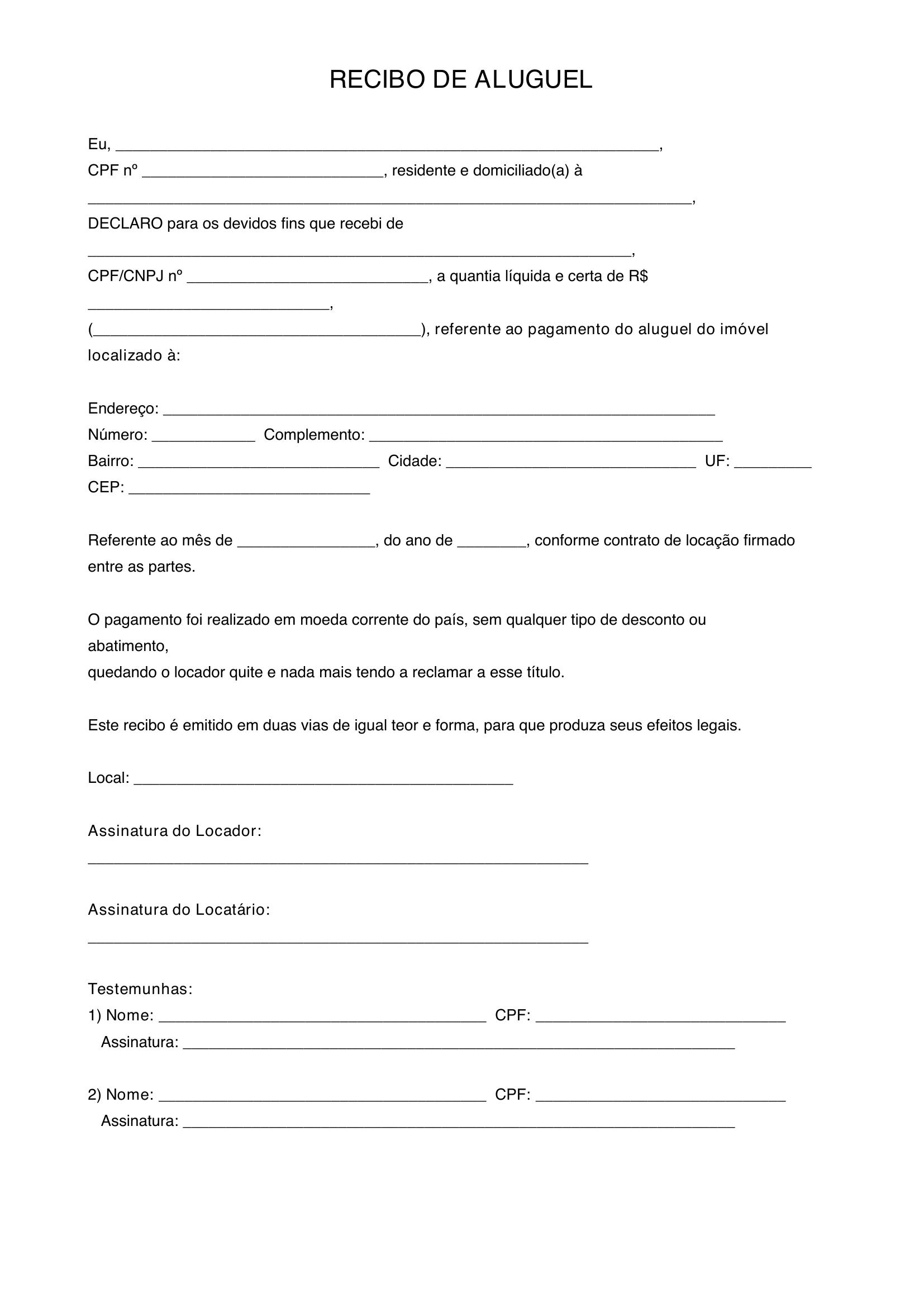 Modelo De Recibo De Aluguel