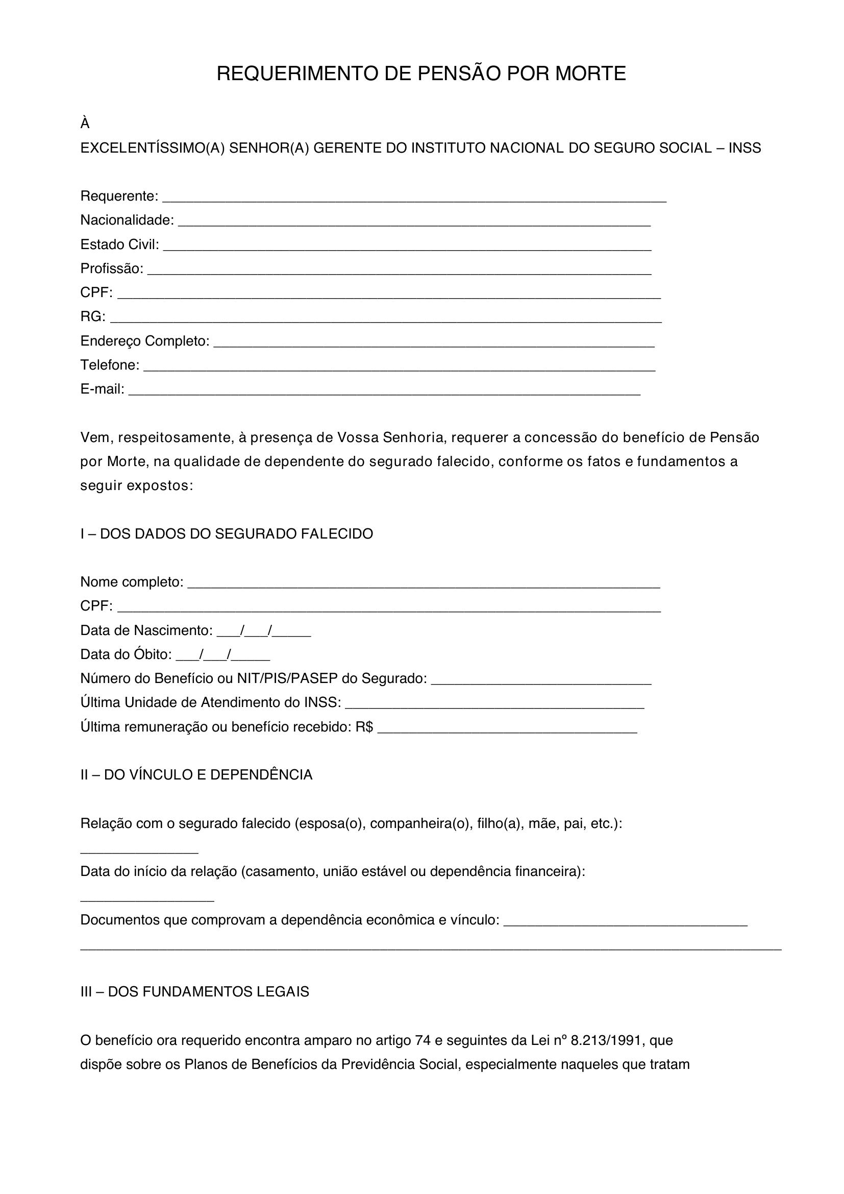 Modelo De Requerimento De Pensão Por Morte