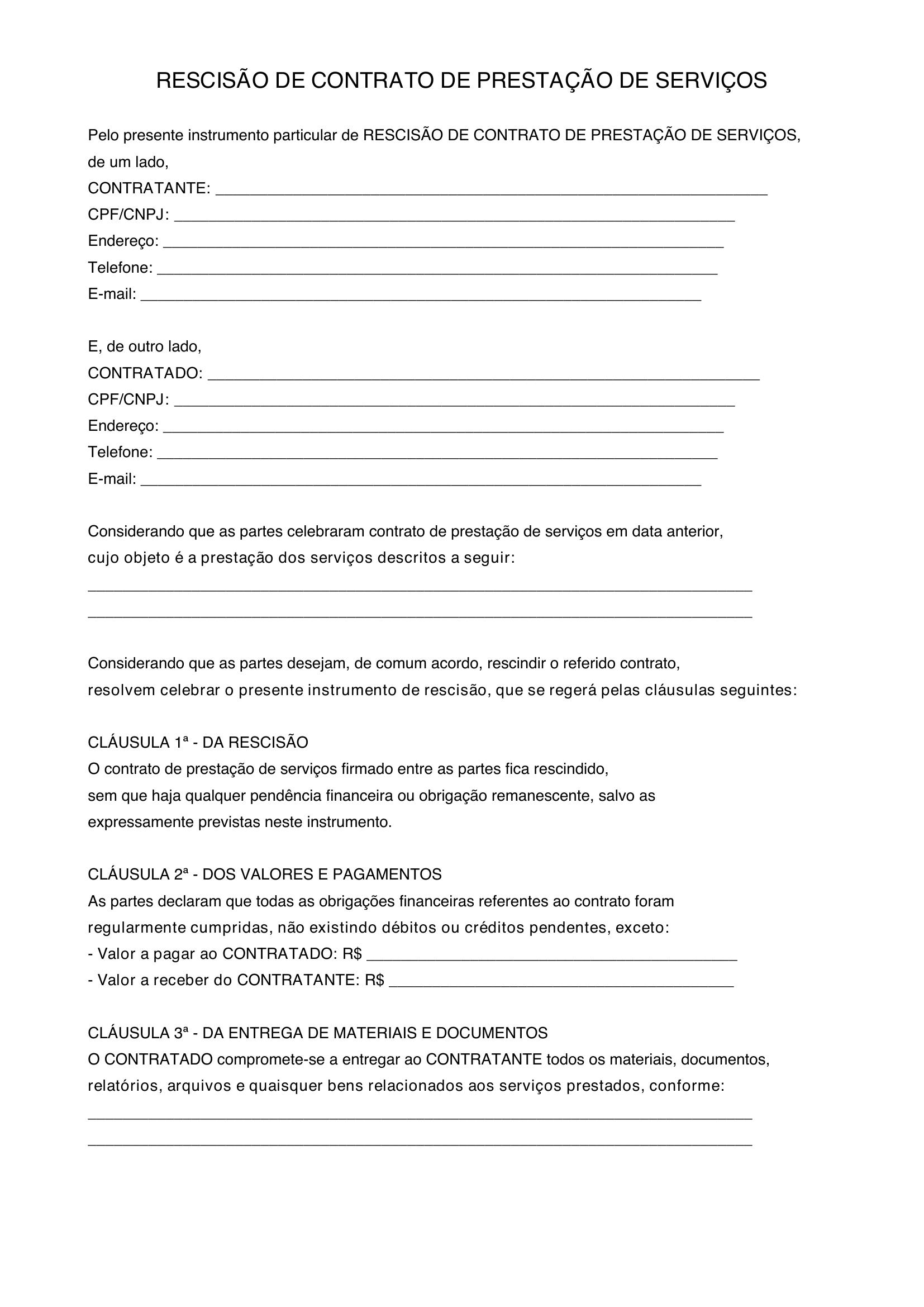 Modelo De Rescisão De Contrato De Prestação De Serviços