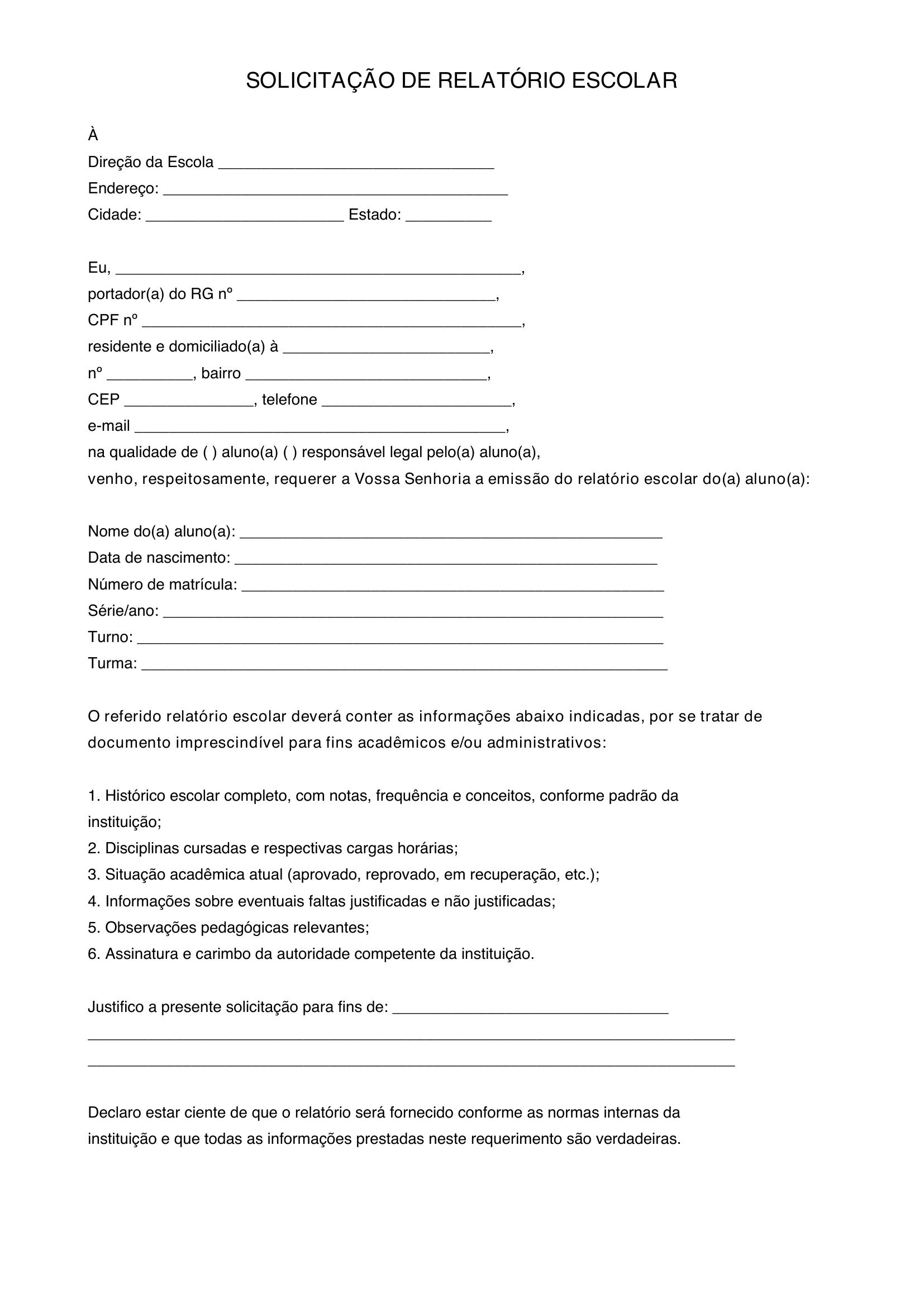 Modelo De Solicitação De Relatório Escolar