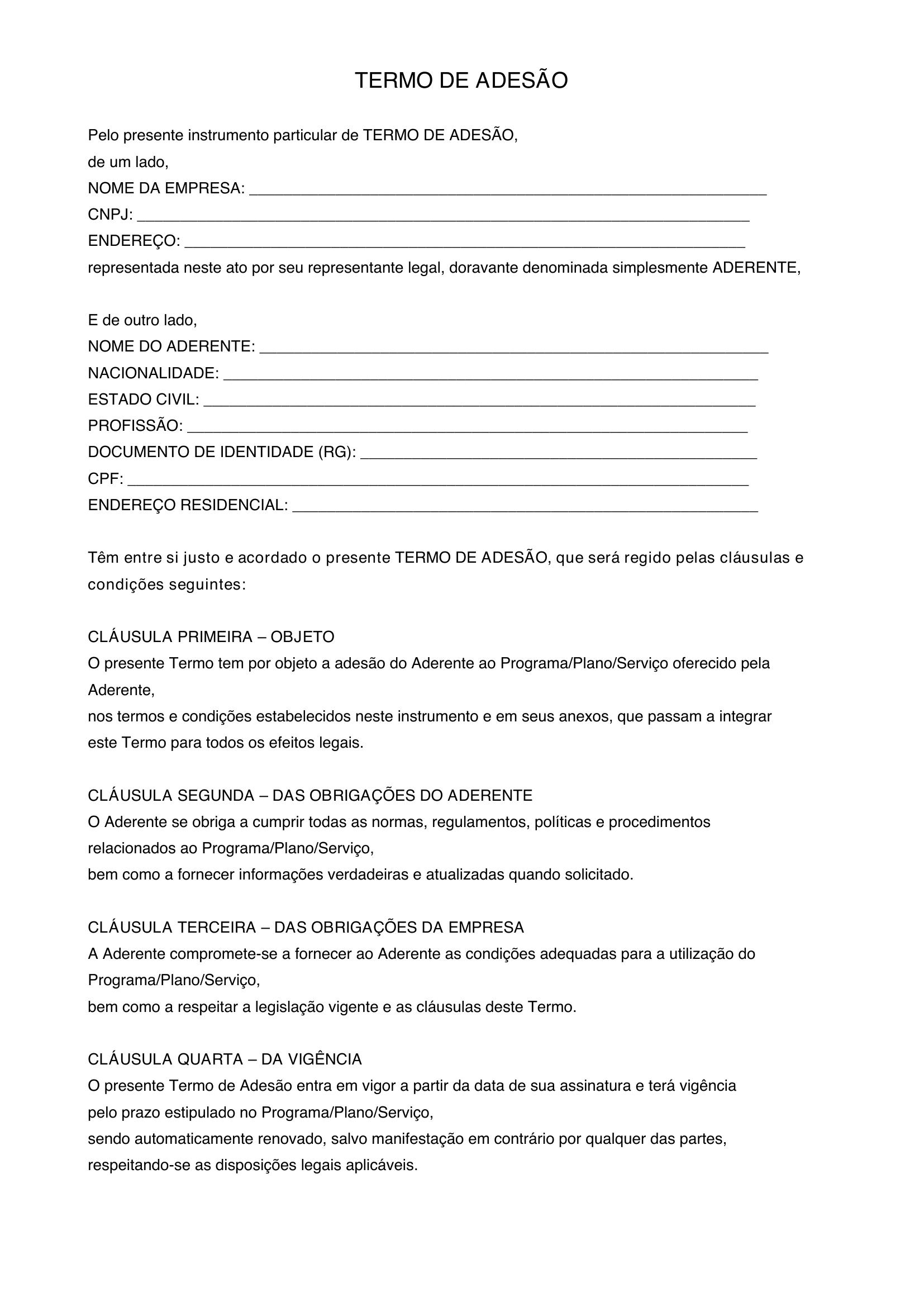 Termo De Adesão Modelo
